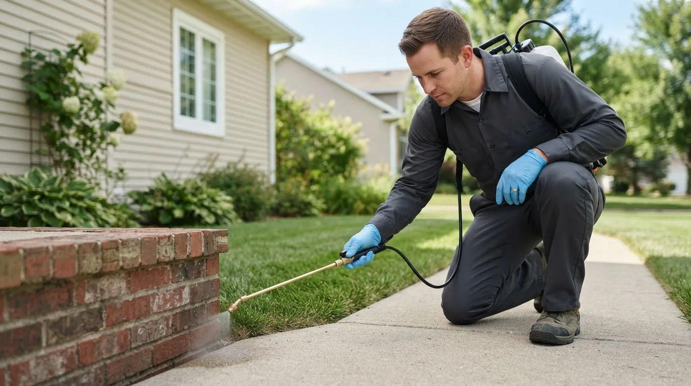 Pest control technician treating a home near Rhodes, MI