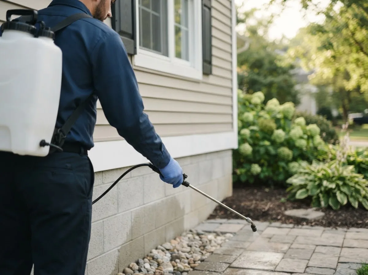 Pest control technician inspecting a home in Rhodes, MI